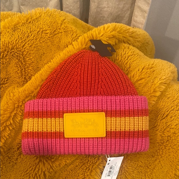 Unisex varsity wool blend Coach Pink and Orange Striped Knit beanie Hat OS - Picture 2 of 9